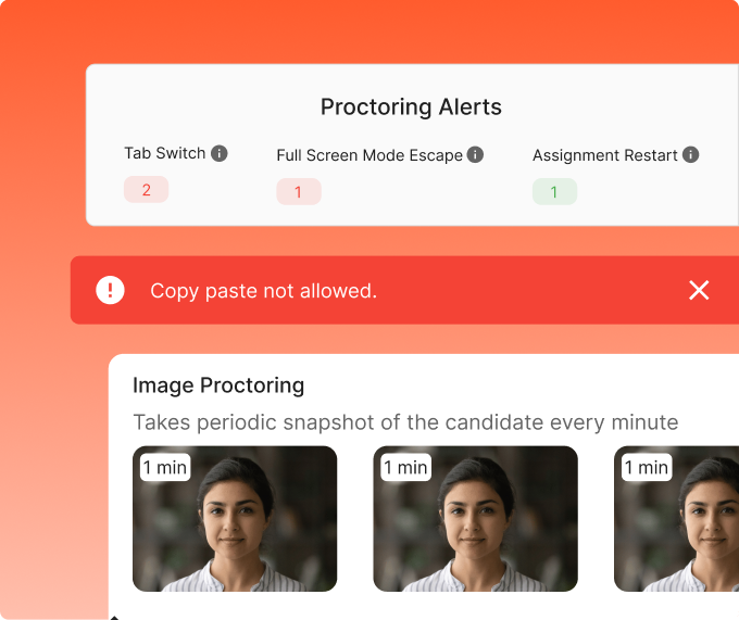 HunchVue live coding interview platform - Supports 35+ programming languages with real-time code playback and proctoring alerts