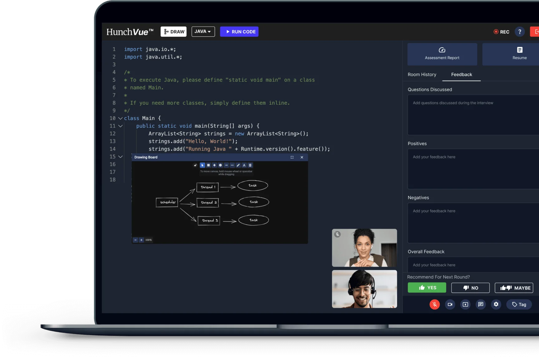 HunchVue - Technical Interview Platform with Live Coding and Video